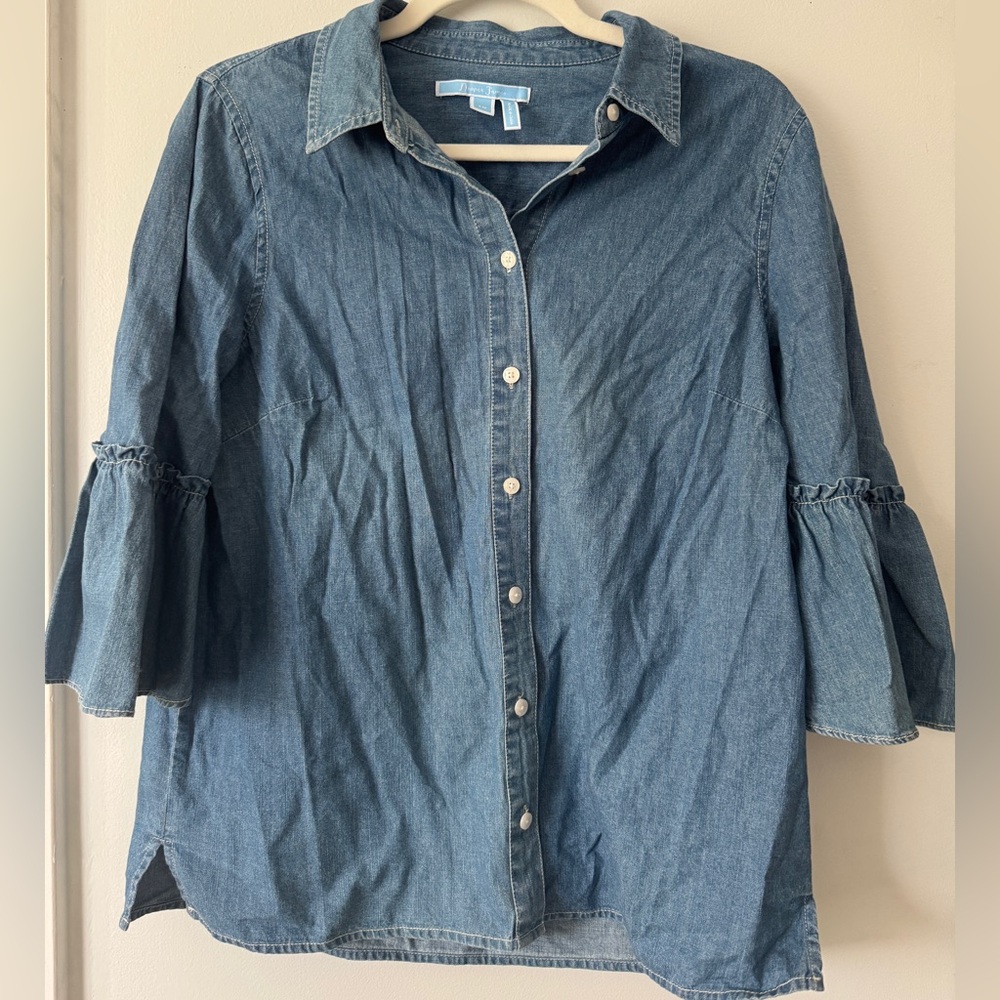 Draper James Blue Denim Button-Down Shirt with ruffled sleeves